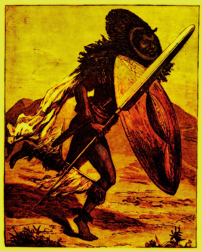 Bongo Warrior, kuvitus J. W. Buelin The Story of Man -julkaisusta, julkaistu 1889 (digitaalisesti paranneltu kuva) tekijältä English School