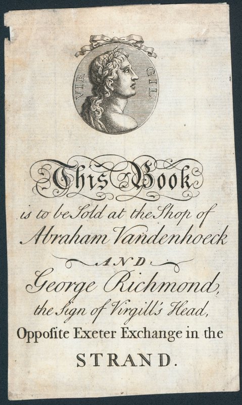 Kirjalevy, tämä kirja on tarkoitus myydä Abraham Vandenhoeckin ja George Richmondin kaupassa tekijältä English School