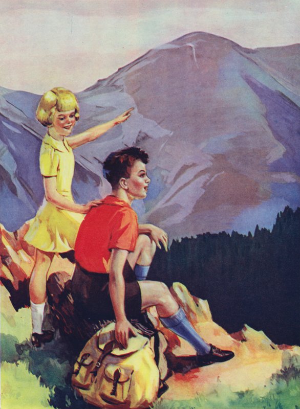 Poika ja tyttö patikoivat vuoristossa (väri litho) tekijältä English School