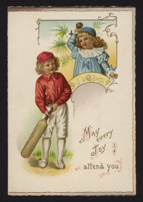 Poika ja tyttö pelaamassa krikettiä, onnittelukortti, 1800-luvun loppu tai 1900-luvun alku tekijältä English School