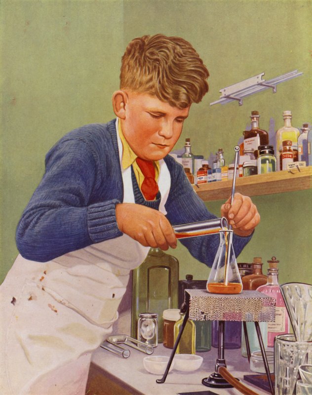 Poika suorittaa kemian kokeen (väri litho) tekijältä English School