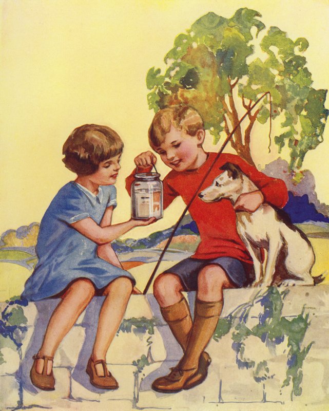 Poika esittelee saamiaan viittä pientä kalaa (väri litho) tekijältä English School