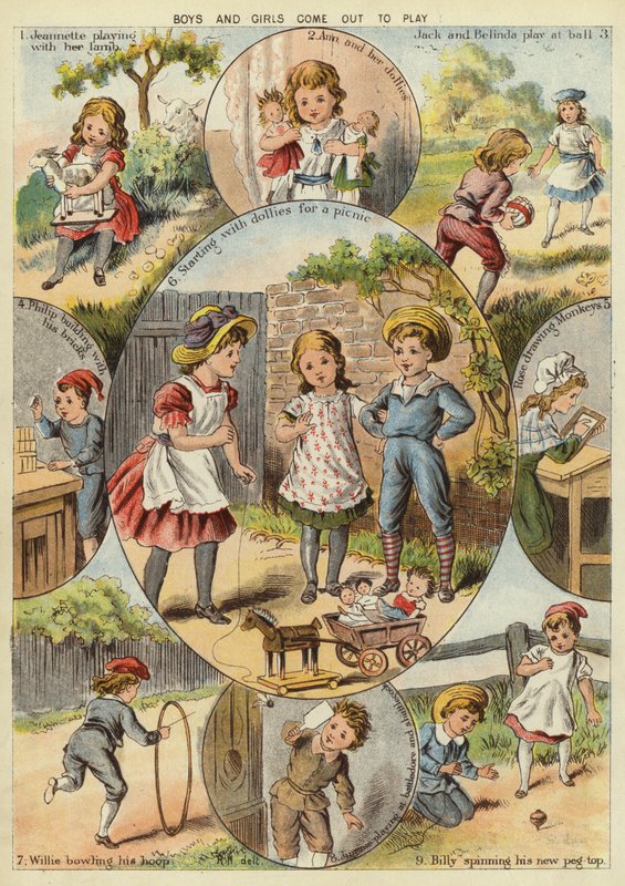 Pojat ja tytöt tulevat ulos leikkimään (chromolitho) tekijältä English School