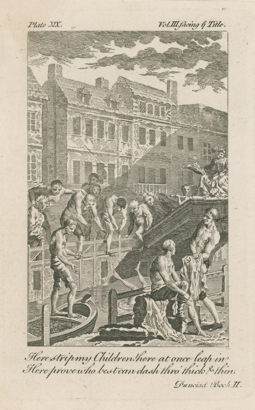 Pojat uimassa Fleet Ditchissa Bridewell Bridgen varrella vuonna 1728 tekijältä English School