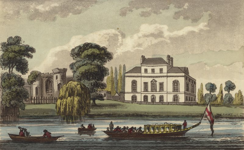 Brandenburg House, Hammersmith, Lontoo, Caroline of Brunswick, Yhdistyneen kuningaskunnan kuningatar ja kuningas Yrjö IV:n vieraantunut vaimo, koti (värillinen kaiverrus) tekijältä English School