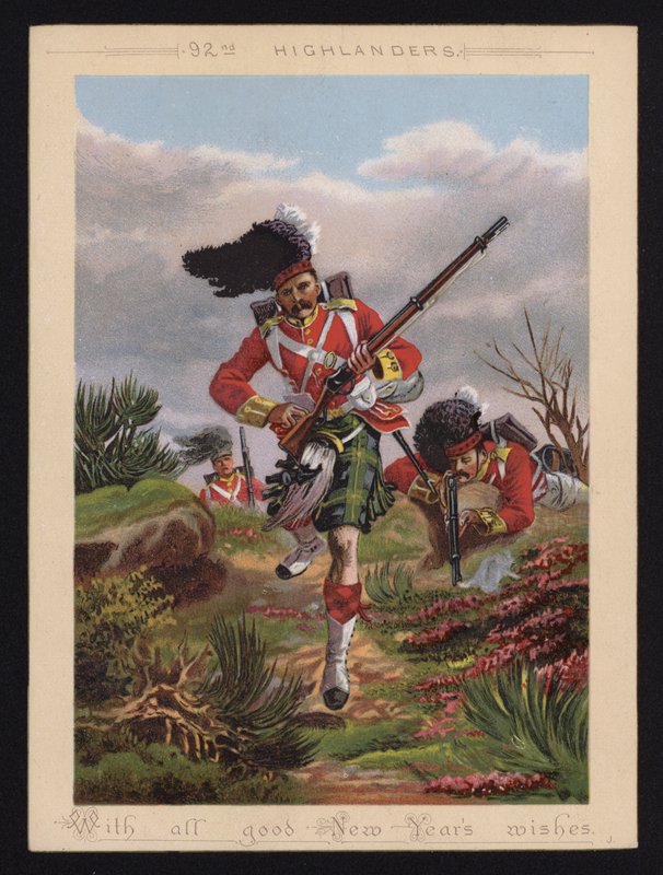 Britannian armeijan sotilaat, 92nd Highlanders, uudenvuoden onnittelukortti (värilitografia). tekijältä English School