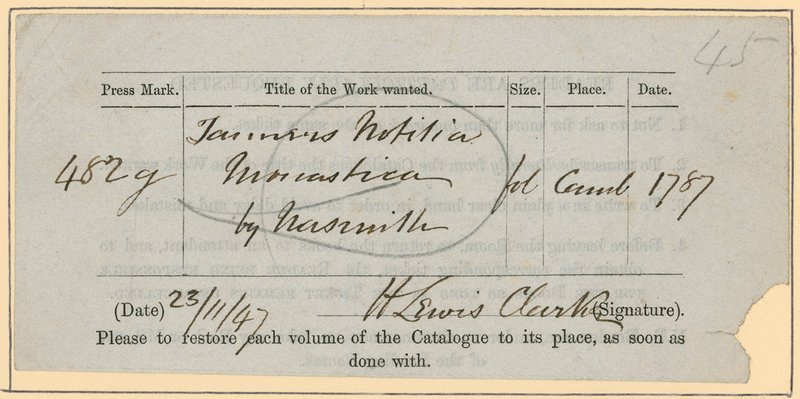 British Museum, Book Order Slip, 23. marraskuuta [18?]47 tekijältä English School