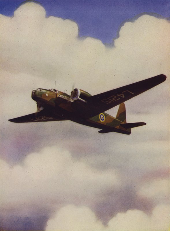 Brittiläinen Vickers Wellington keskikokoinen pommikone lennossa (väri litho) tekijältä English School