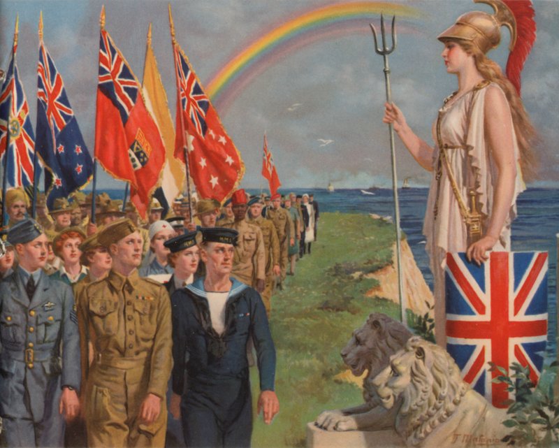 Ison-Britannian ja Imperiumin sotilashenkilöstö ja siviilihenkilöt, jotka osallistuivat sotatoimiin Britannian edessä (värilitho) tekijältä English School