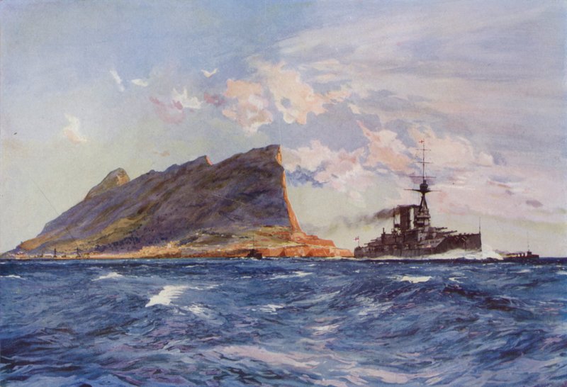 Brittiläinen taistelulaiva Gibraltarin edustalla (väri litho) tekijältä English School