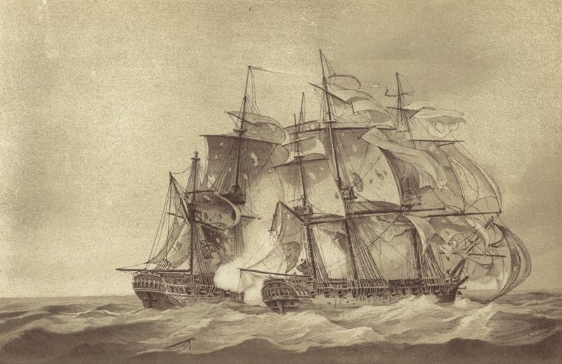 Brittiläinen fregatti HMS Santa Margarita, kapteeni Thomas Byam Martinin komentaja, vangitsemassa ranskalaisen fregatin Tamisen kesäkuussa 1796 (litho) tekijältä English School