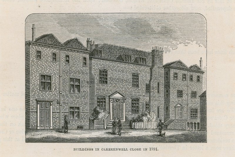 Clerkenwellin rakennukset Close vuonna 1791 tekijältä English School