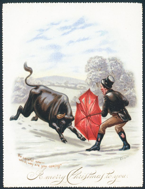 Bull Charging into Red Umbrella, joulukortti tekijältä English School