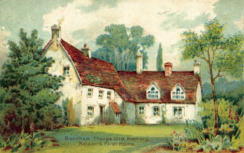 Burnham Thorpe, Old Rectory, Nelsonin ensimmäinen koti (värilitho) tekijältä English School