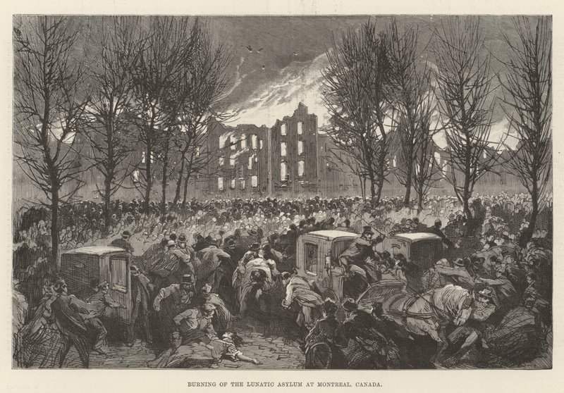 Burning of the Lunatic Asylum Montrealissa, Kanadassa (kaiverrus) tekijältä English School
