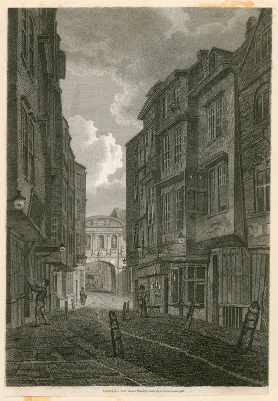 Butcher Row, katselee Temple Barista, Edward Dayesin piirustuksen perusteella, 9. kesäkuuta 1796 tekijältä English School
