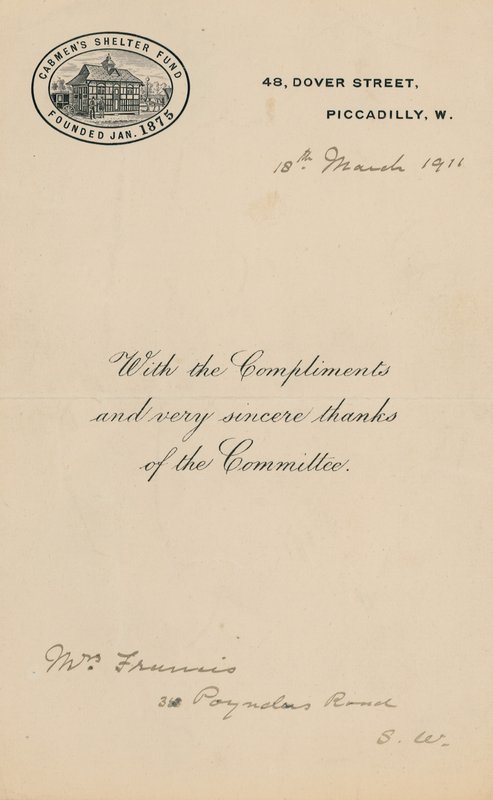 Cabmens Shelter Fun, perustettu tammikuussa 1875. Kirje tekijältä English School
