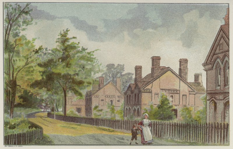 Cadburyn työntekijöiden mökit ja maalaistalo, Bournville, Birmingham (chromolitho) tekijältä English School