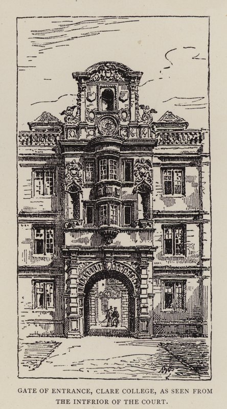 Cambridge: Gate of Entrance, Clare College, katsottuna tuomioistuimen sisäpuolelta (etsaus) tekijältä English School