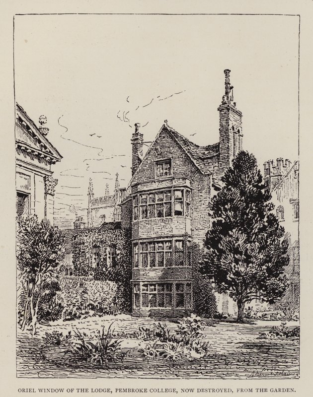 Cambridge: Oriel Window of the Lodge, Pembroke College, nyt tuhoutunut, puutarhasta (etsaus) tekijältä English School