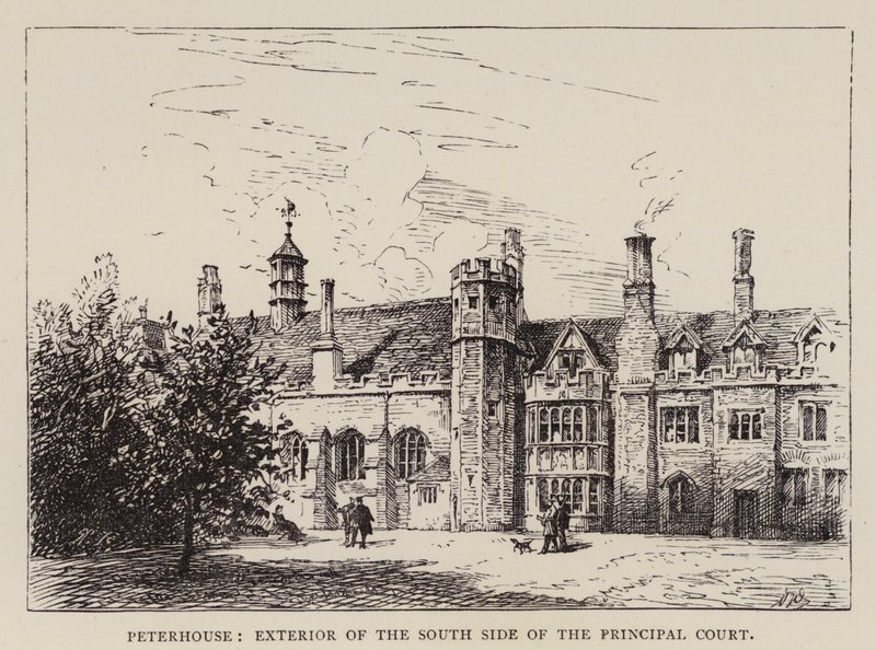 Cambridge: Peterhouse, Päätuomioistuimen eteläpuolen ulkopuoli (etsaus) tekijältä English School