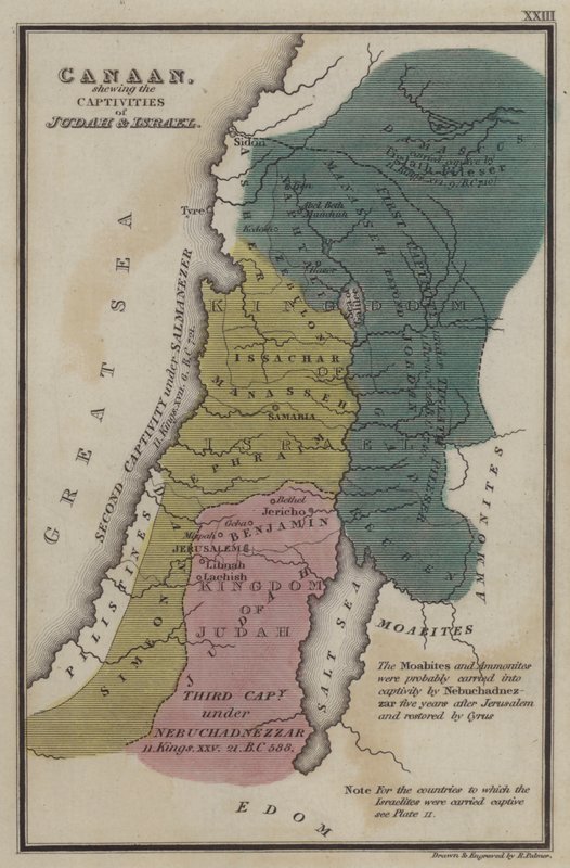 Kanaan, joka näyttää Juudan ja Israelin vankeudet (värillinen kaiverrus) tekijältä English School