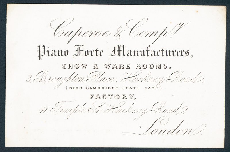 Caperoe & Company, piano forten valmistajat, kauppakortti tekijältä English School