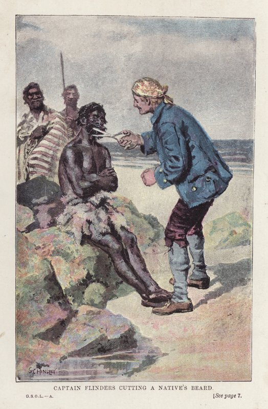 Kapteeni Flinders leikkaamassa alkuperäisen partaa (väri litho) tekijältä English School
