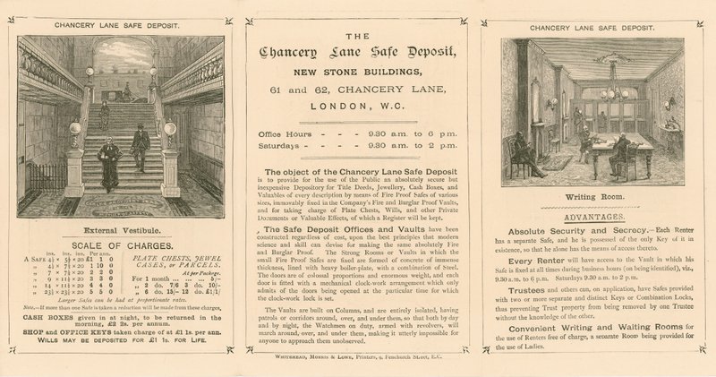 Kortti, joka mainostaa Chancery Lane Safe Deposit, 61-62 Chancery Lane, Lontoo tekijältä English School