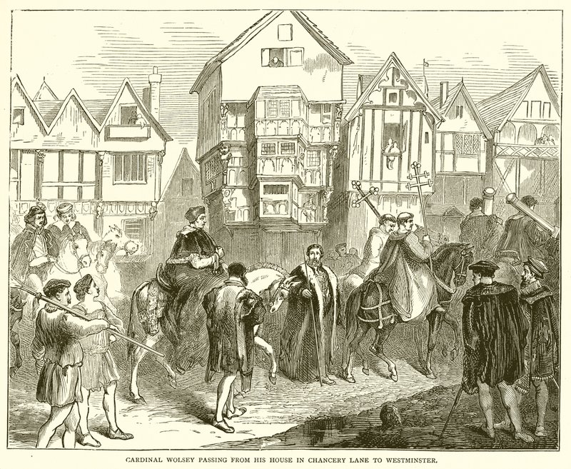 Kardinaali Wolsey siirtyy talostaan Chancery Lanella Westminsteriin tekijältä English School