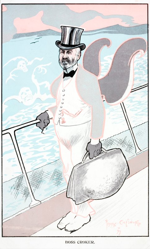 Karikatyyri Richard "Boss" Crokerista, yhdysvaltalaisesta poliitikosta (värilitografia). tekijältä English School