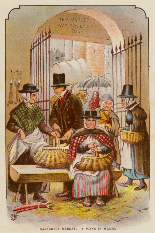 Carnarvon Market, Scene in Wales (väri litho) tekijältä English School