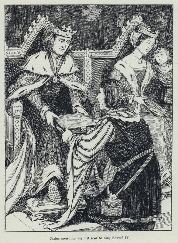 Caxton esittelee ensimmäisen kirjansa kuningas Edward IV:lle (litho) tekijältä English School