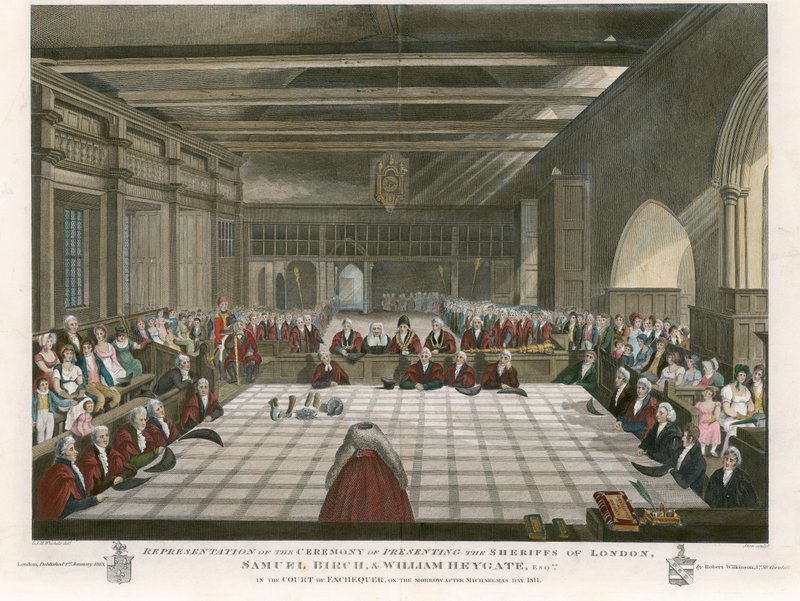 Lontoon sheriffien Samuel Birchin ja William Heygaten esittelytilaisuus valtiovarainministeriössä seuraavana päivänä Mikaelin jälkeisenä päivänä 1811 tekijältä English School