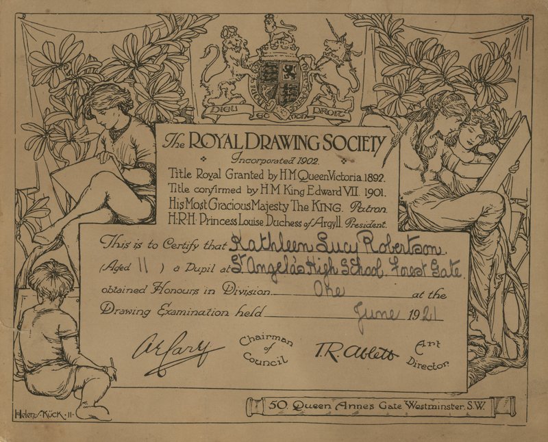 Royal Drawing Societyn myöntämä todistus tekijältä English School