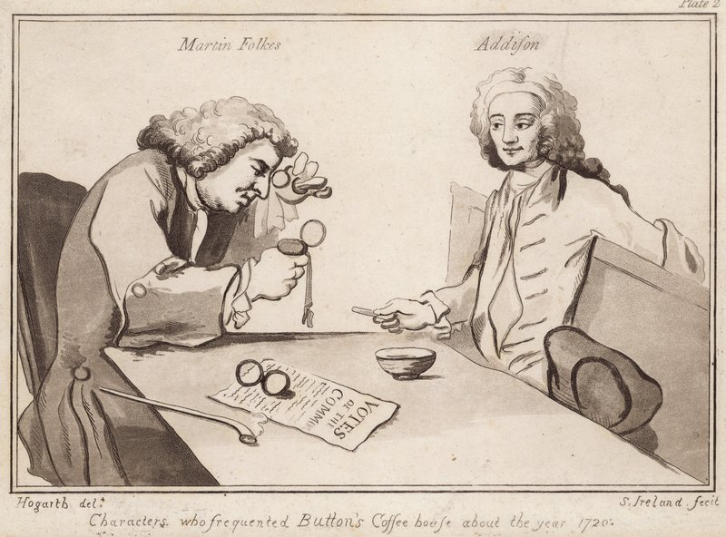 Hahmot, jotka kävivät Buttons Coffee Housessa noin 1720-luvulla; Martin Folkes, Addison tekijältä English School