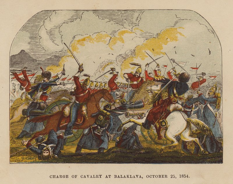 Ratsuväen hyökkäys Balaklavassa 25. lokakuuta 1854 (värillinen kaiverrus). tekijältä English School