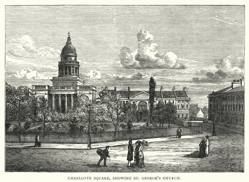Charlotte Square, jossa näkyy Pyhän Yrjön kirkko (kaiverrus) tekijältä English School