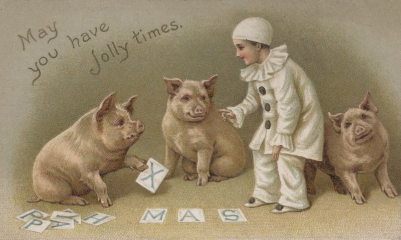 Lapsi Pierrot-asussa, jossa on kolme porsasta, joulukortti (chromolitho) tekijältä English School