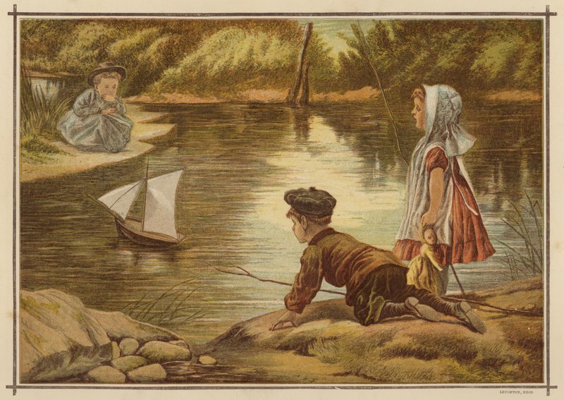 Lapset laskevat vesille mallijahtia (värilitho) tekijältä English School