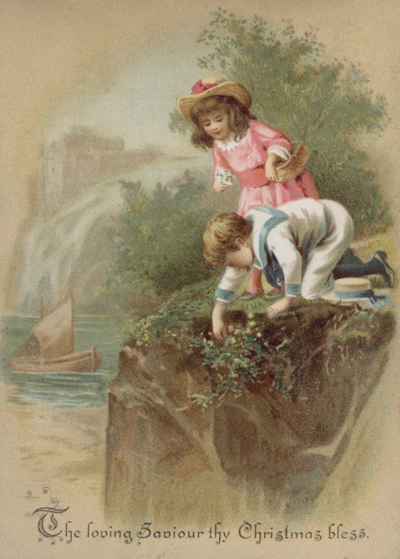 Lapset poimimassa kukkia joen rannalla, joulukortti (chromolitho) tekijältä English School