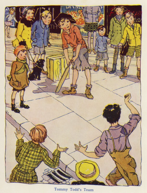 Lapset leikkivät krikettiä kadulla (värilitho) tekijältä English School