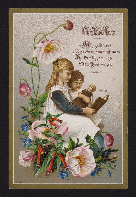 Lapset lukemassa kirjaa, uudenvuoden onnittelukortti, 1800-luvun loppu tai 1900-luvun alku (kromoliitti) tekijältä English School
