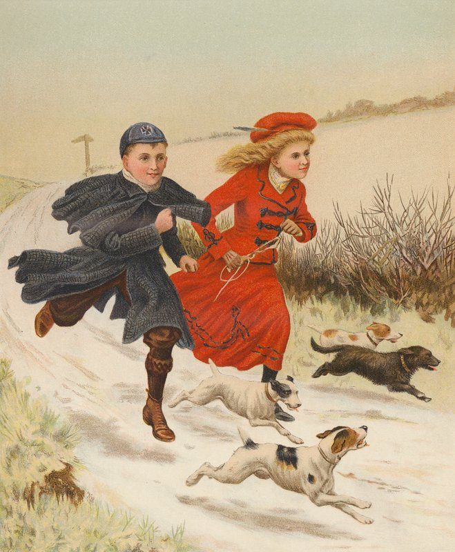 Lapset juoksevat koirien kanssa lumisella tiellä (chromolitho) tekijältä English School