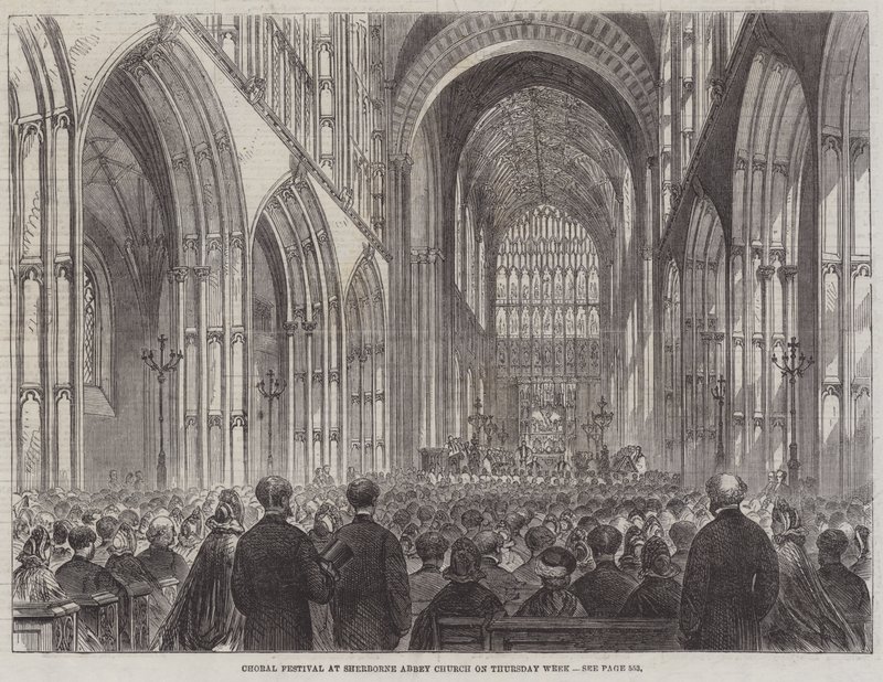 Kuorofestivaali Sherborne Abbey -kirkossa torstai viikolla (kaiverrus) tekijältä English School