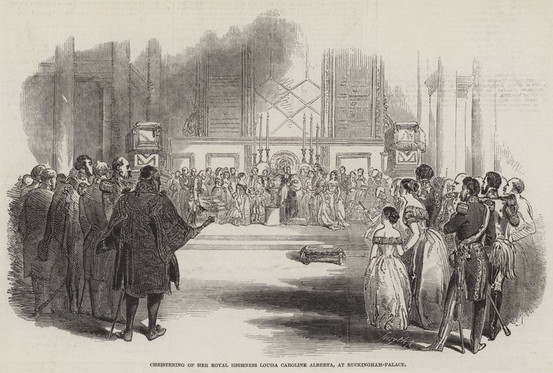 Hänen kuninkaallisen korkeutensa Louisa Caroline Albertan ristiäiset Buckingham-palatsissa (kaiverrus) tekijältä English School
