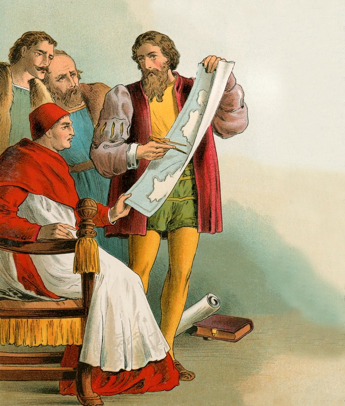 Christopher Columbus näyttää suunnitelmansa portugalilaisille, jotka pettivät hänet tekijältä English School