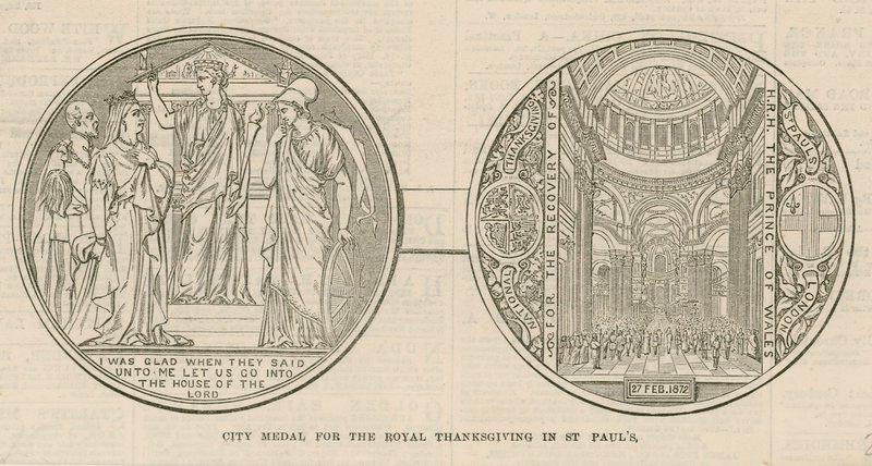 Kaupungin mitali kuninkaallisesta kiitospäivästä St Paulin katedraalissa Lontoossa 27. helmikuuta 1872 tekijältä English School