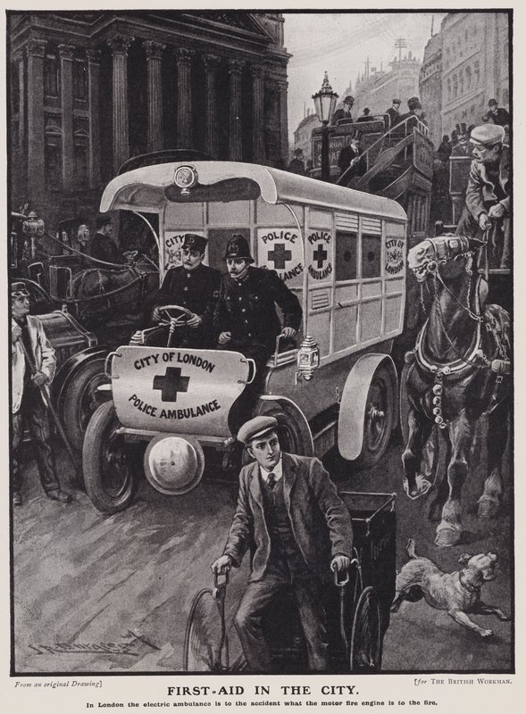 Lontoon kaupungin poliisin sähköambulanssi (litho) tekijältä English School