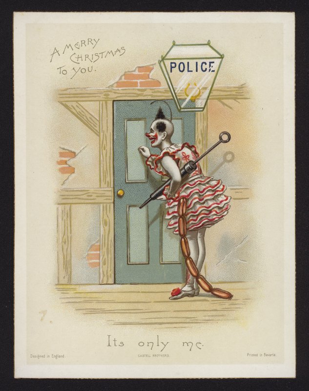 Klovni koputtaa poliisiaseman oveen (chromolitho) tekijältä English School